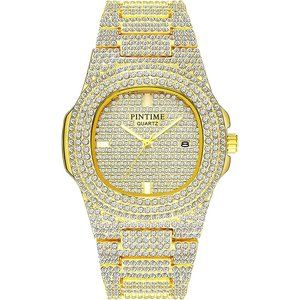 Men Women Gold Hip Hop Fashion Stainless Steel Quartz Analog Watch